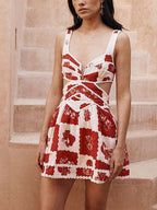 Deep V Neck Side Cutout Scalloped Trim Postage Stamp Floral Mini Dress