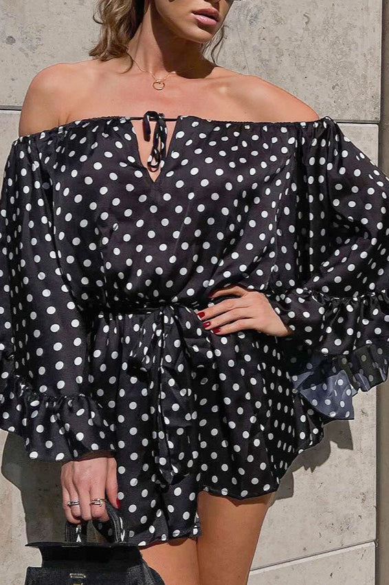 Polka Dot Off Shoulder Wide Sleeve Tie Waist Ruffle Hem Romper