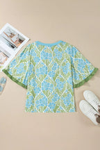 Floral Print Ruffled Color Block Trim Half Sleeve Blouse