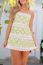Summer Elegant Printed Curved Crochet Trim Slip H-line Mini Dress