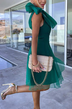 One Shoulder Oversized Bow Tulle Overlay Mini Dress
