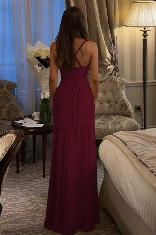 Scoop Neck Wide Strap Ruched Draped Waist Maxi Dress
