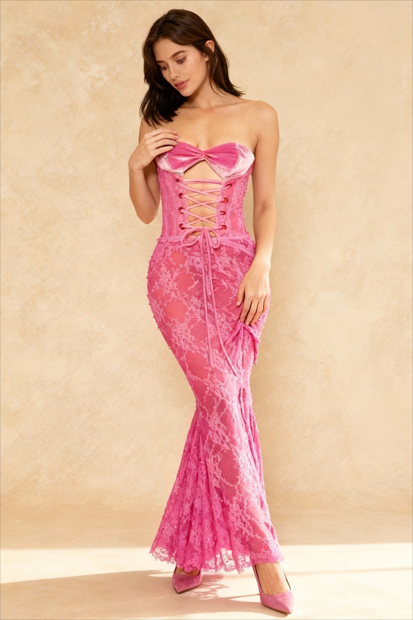Velvet Sweetheart Lace Up Cut Out Sheer Lace High Split Maxi Dress