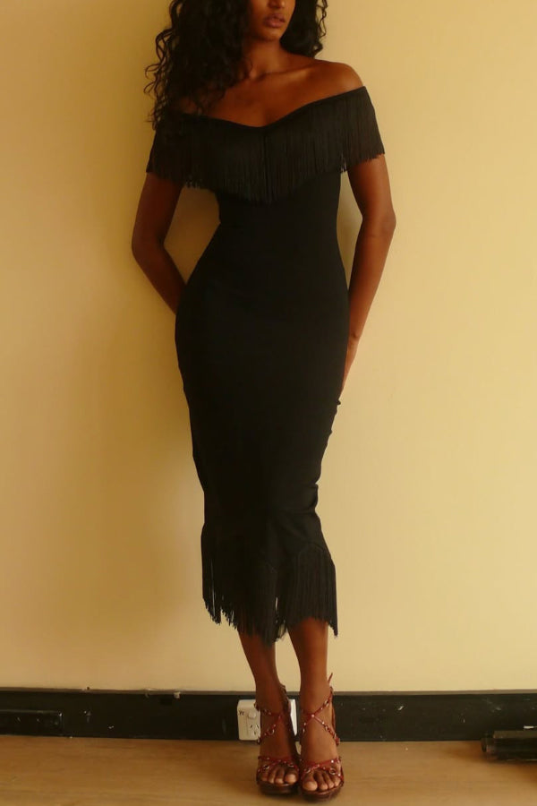 Solid Color V-neck Off-shoulder Slim-fit Tassel Midi Dress