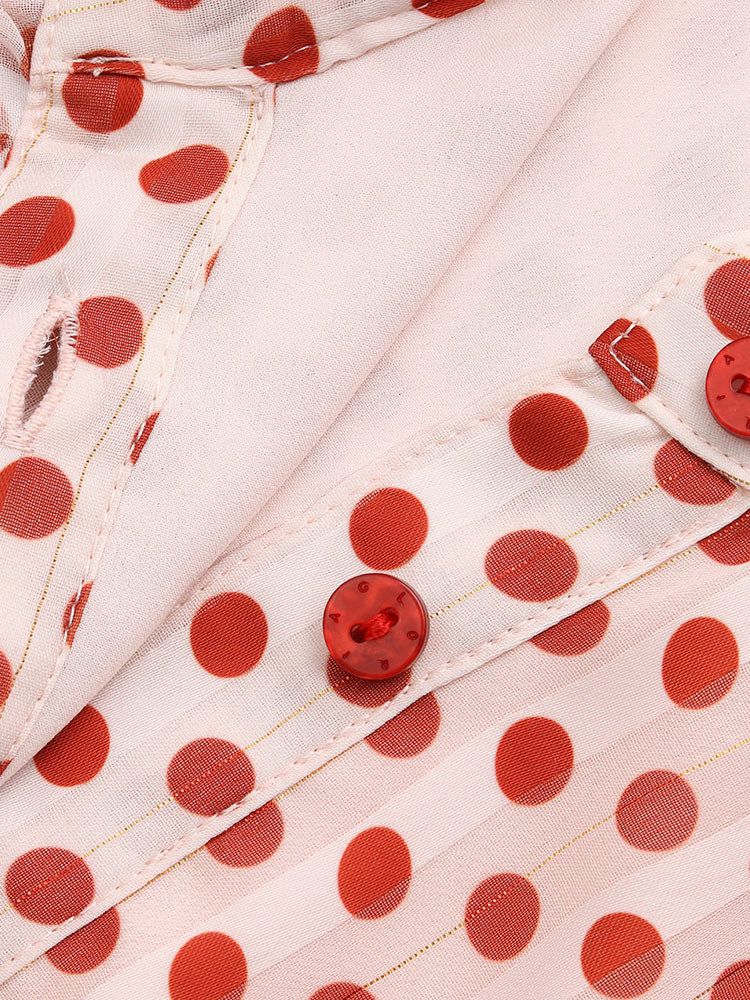 Polka Dot Mock Neck Button Front Ruffle Cuff Fit and Flare Midi Dress