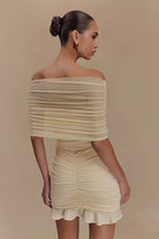 Off Shoulder Mesh Band Ruched Ruffle Hem Bodycon Mini Dress