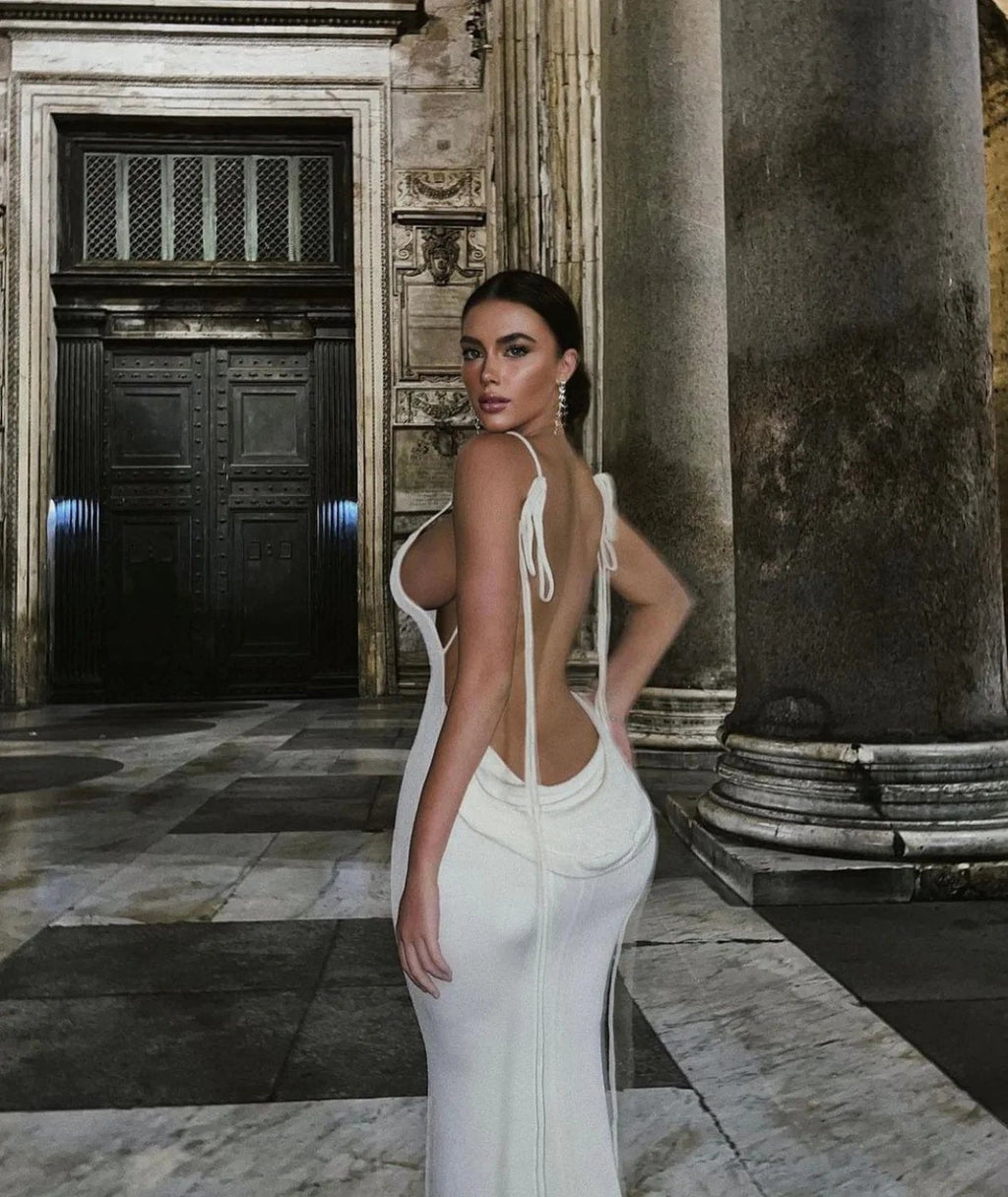 Rib Knit Tie Strap Cowl Back Side Cutout Column Maxi Dress