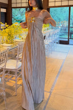 Golden Hour Metallic Pleated Strapless Maxi Dress