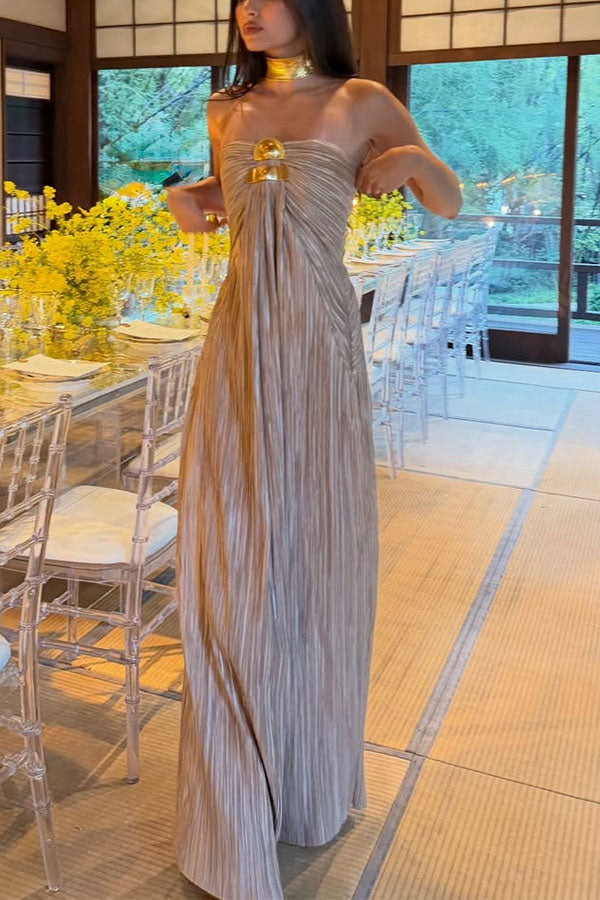 Golden Hour Metallic Pleated Strapless Maxi Dress