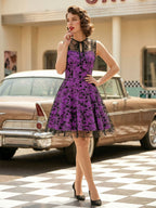 Embroidered Dress Round Neck Sleeveless Lace Up Retro Glamour Dresses