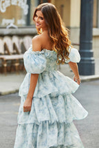 Blue Off Shoulder Ruffle Corset Bodice Tiered Ruffle Floral Print Maxi Dress
