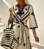 Geometric Embroidered V Neck Tie Waist Kaftan Maxi Dress