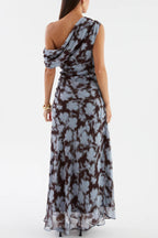 Unique Print Asymmetrical Off-Shoulder Pleated Waist Casual Maxi Dress