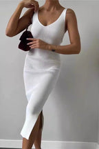 Ribbed Knit Deep V-Neck Side Slit Bodycon Midi Sweater Dress
