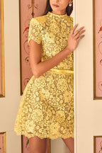 Champagne Toast Flower Lace Short Sleeve Bow Belted Mini Dress