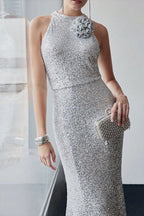Silver Halter Sequin Mermaid Maxi Dress