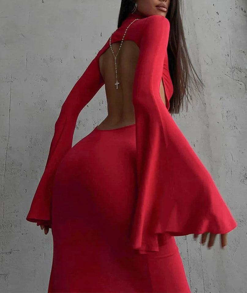 Mock Neck Bell Sleeve High Side Slit Bodycon Maxi Dress