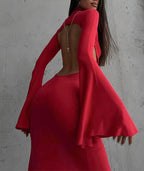Mock Neck Bell Sleeve High Side Slit Bodycon Maxi Dress