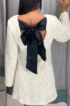 Mia Exclusive Long Sleeve Party Dress with Sequins and Bow At the Back Chic Silhouette Collection