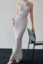 Silver Halter Sequin Mermaid Maxi Dress
