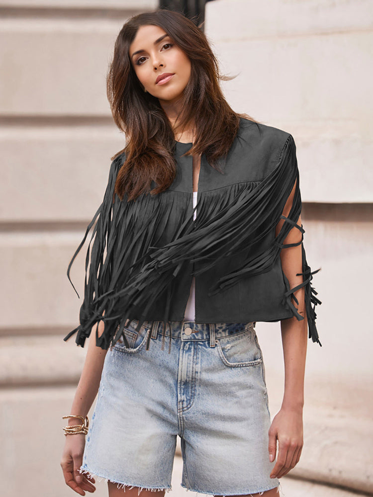 Western Cowgirl Fringe Vest Crew Neck Bohemian Spring Suede Jacket For Women 2026