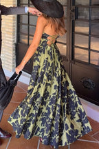 Elara Linen Blend Floral Print Princess Line Design Detachable Sleeves Maxi Dress