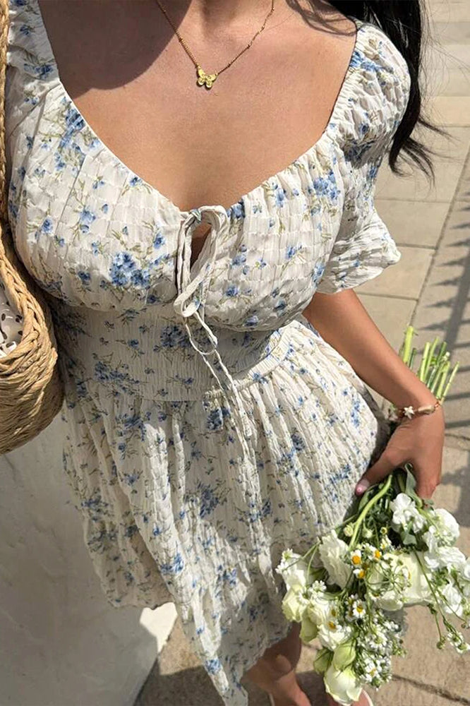 Floral Puff Sleeve Smocked Waist Sweetheart Tie Summer Mini Dress