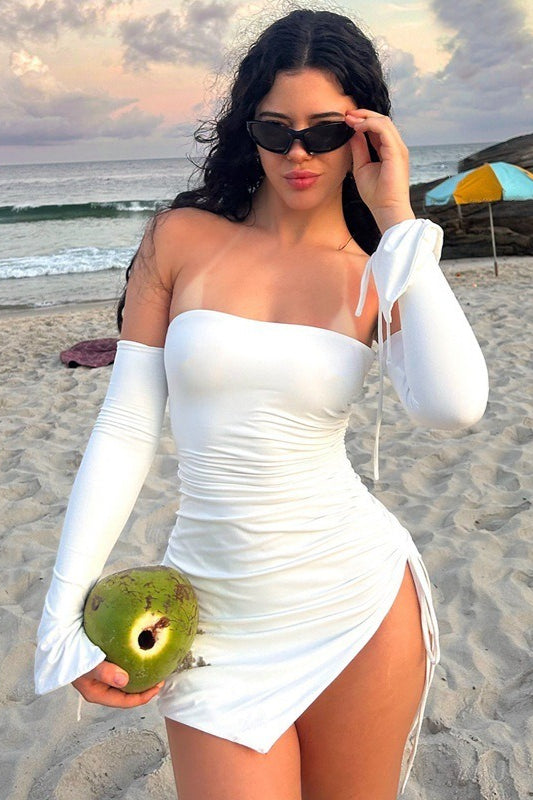 Strapless Ruched Drawstring High Split Bodycon Mini Dress