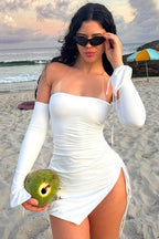 Strapless Ruched Drawstring High Split Bodycon Mini Dress
