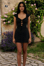 Eyelet Lace Up Deep V-Neck Cap Sleeve Corset Mini Dress