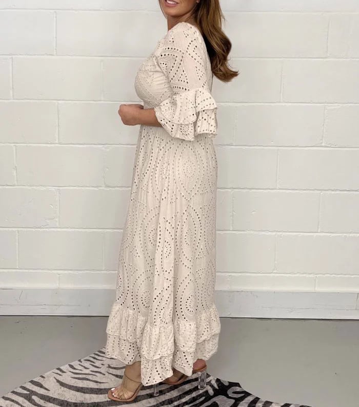 Eyelet Broderie Smocked V Neck Tiered Ruffle Bell Sleeve Maxi Dress