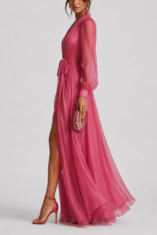 Sunset Elegance: Sheer Long Sleeve Wrap Dress in Hot Pink
