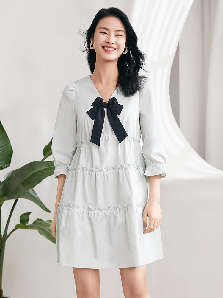 V Neck Bow Front Puff Sleeve Tiered Ruffle Pocket Babydoll Mini Dress