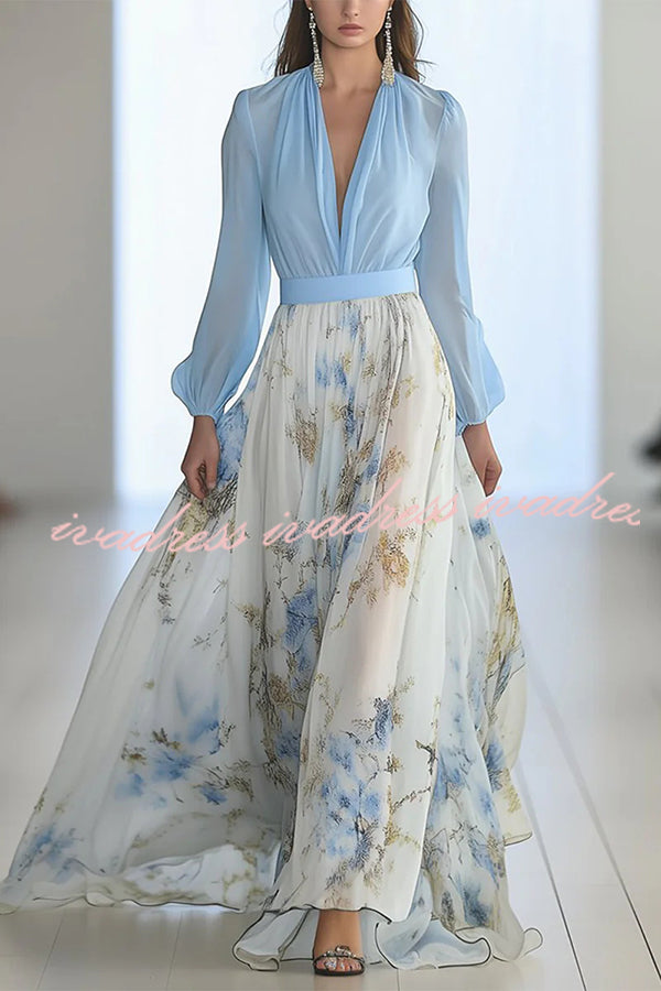 Plant Print V-neck Long Sleeve Elegant Stitching Maxi Dress