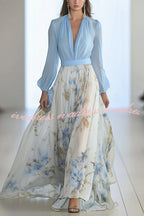 Plant Print V-neck Long Sleeve Elegant Stitching Maxi Dress
