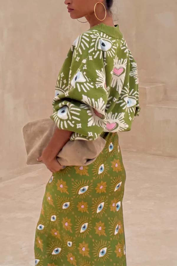Mysterious Magic Knit Eye Heart Pattern Button Up Long Sleeve Loose Cardigan
