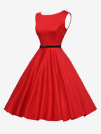 Vintage 1950s Swing Cocktail Dress Women - Sleeveless Boat Neck A-Line Belted Audery Style Midi Gown - Wedding Guest 2026