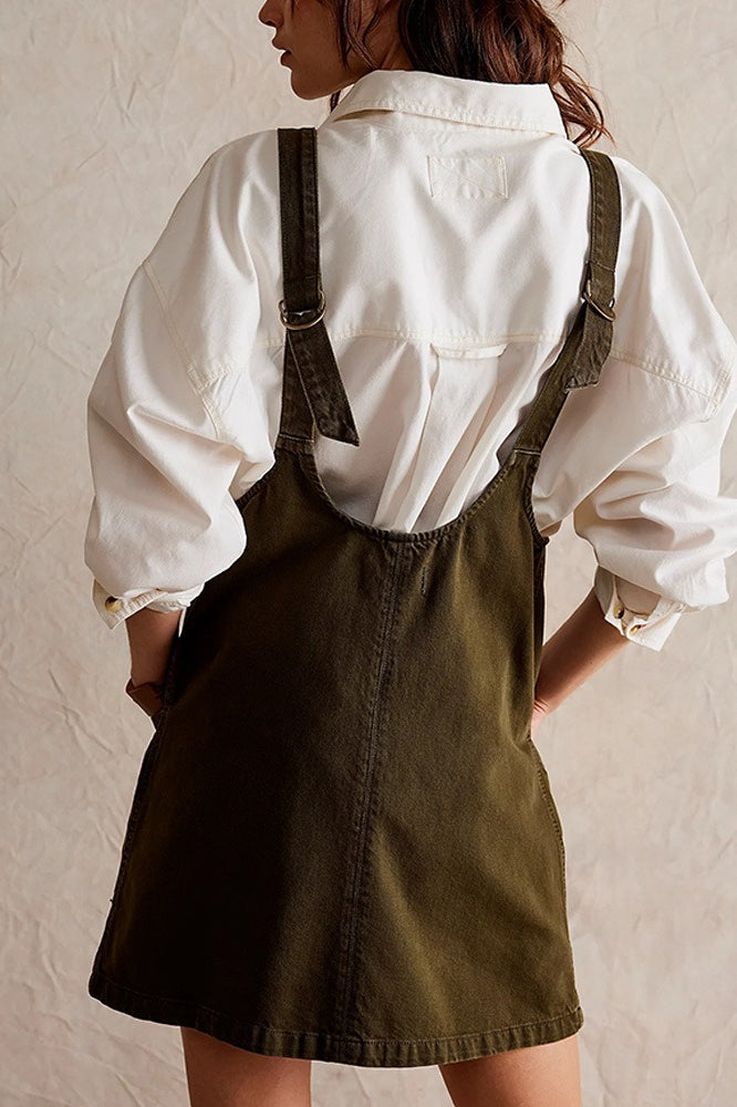 Denim Deep V-Neck Wide Strap Front Pocket Pinafore Mini Dress