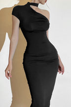 Velvet One Shoulder Choker Strap Cap Sleeve Bodycon Maxi Dress