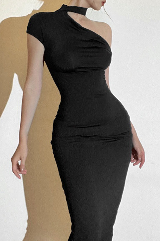 Velvet One Shoulder Choker Strap Cap Sleeve Bodycon Maxi Dress