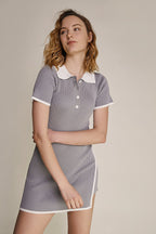 Rib Knit Polo Collar Contrast Trim Wrap Hem Mini Dress