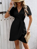 V-neck Pleated Cross Commuting Mini&Short Dresses