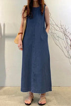 Crewneck Sleeveless Pockets Maxi Denim Dress