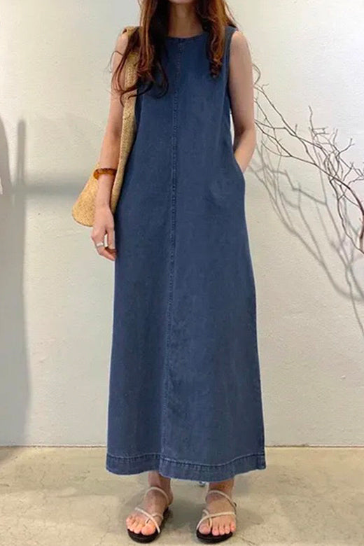 Crewneck Sleeveless Pockets Maxi Denim Dress