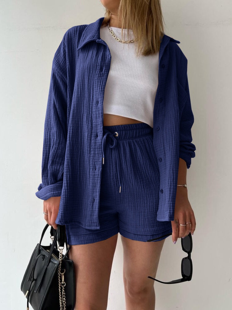 Long-sleeved Shirt And High-waisted Drawstring Shorts Casual Two-piece Set