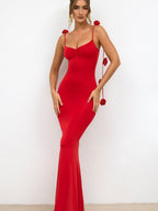 Backless 3D Floral Shoulder Strap Satin Formal Dress Red Midi Dresses