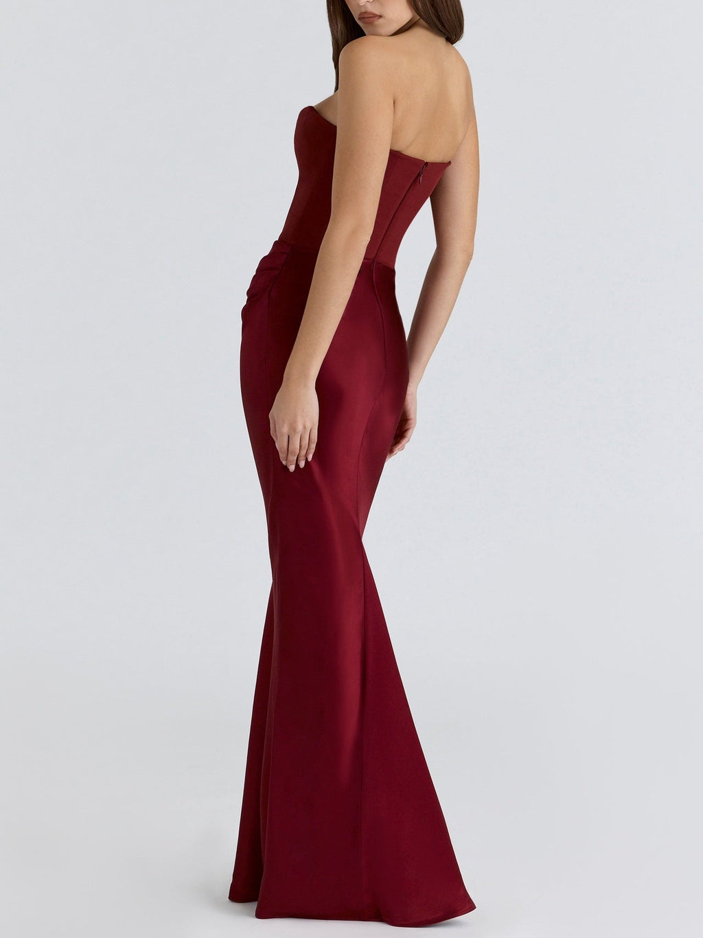 Satin Belted Strapless Off-the-shoulder Fishbone Pleated Long Bodycon Dress