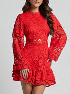 Lantern-style Long-sleeved, Fitted A-line Dress With Ruffled Hem And Water-soluble Lace.