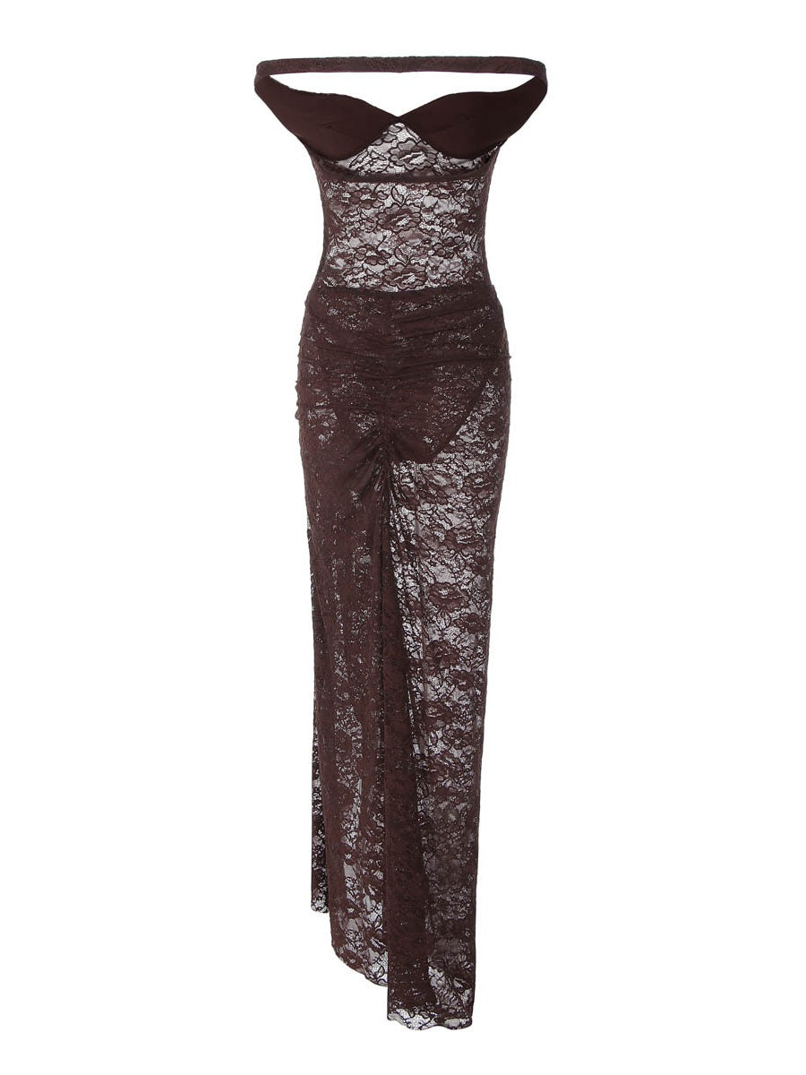Two-piece Set: Patchwork Off-shoulder Backless Bodysuit With Sheer Lace Slit Maxi Skirt