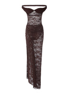 Two-piece Set: Patchwork Off-shoulder Backless Bodysuit With Sheer Lace Slit Maxi Skirt